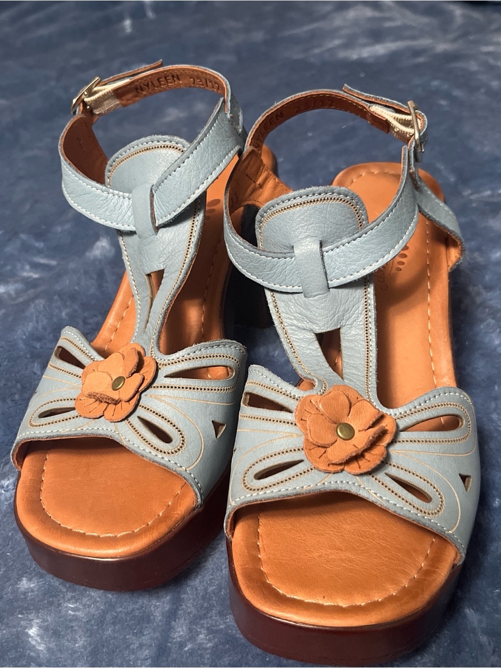 Spring Step Light Blue Leather Floral T-Strap Sandals with Tan Accents